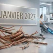Transition technologique dans un bureau lumineux montrant de vieux câbles en cuivre débranchés face à une fibre optique moderne affichant les mentions FIBRE OPTIQUE et VOIP. En arrière-plan, une plaque indique JANVIER 2027 à côté d'employés en visioconférence, illustrant la migration RTC vers VoIP. Image générée par Gemini.