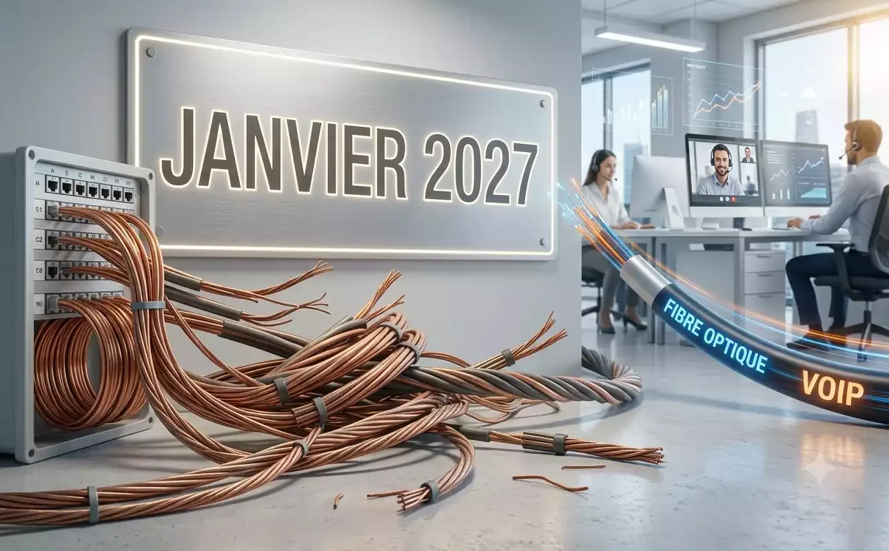 Transition technologique dans un bureau lumineux montrant de vieux câbles en cuivre débranchés face à une fibre optique moderne affichant les mentions FIBRE OPTIQUE et VOIP. En arrière-plan, une plaque indique JANVIER 2027 à côté d'employés en visioconférence, illustrant la migration RTC vers VoIP. Image générée par Gemini.