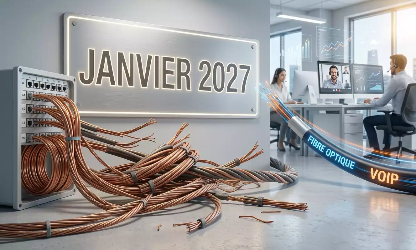 Transition technologique dans un bureau lumineux montrant de vieux câbles en cuivre débranchés face à une fibre optique moderne affichant les mentions FIBRE OPTIQUE et VOIP. En arrière-plan, une plaque indique JANVIER 2027 à côté d'employés en visioconférence, illustrant la migration RTC vers VoIP. Image générée par Gemini.