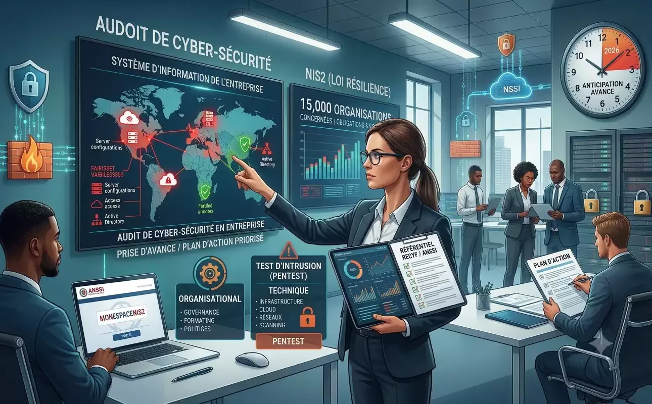 Une équipe d'experts analyse le système d'information sur un écran géant pour un audit cybersécurité entreprise, mettant en avant la conformité NIS2 et un plan d'action stratégique. Image générée par Gemini.