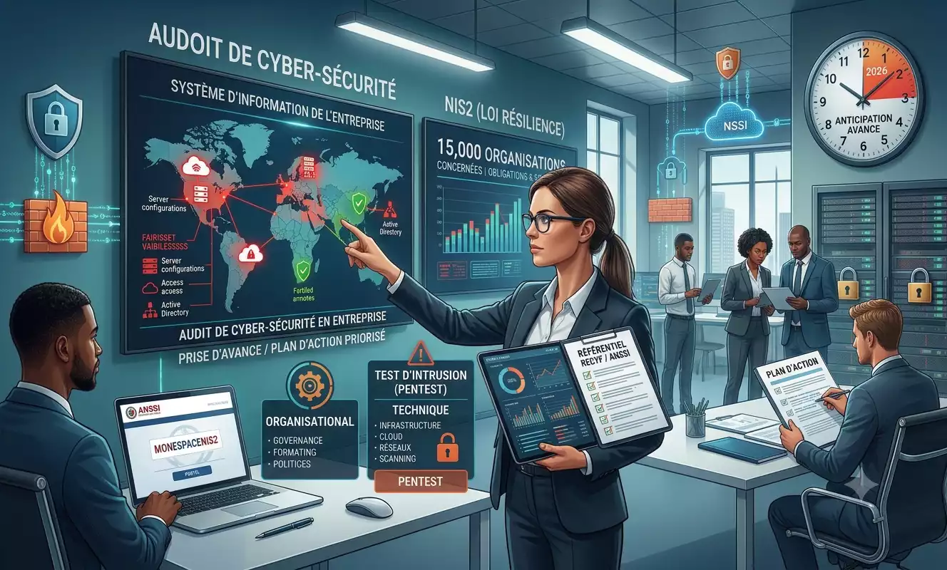 Une équipe d'experts analyse le système d'information sur un écran géant pour un audit cybersécurité entreprise, mettant en avant la conformité NIS2 et un plan d'action stratégique. Image générée par Gemini.
