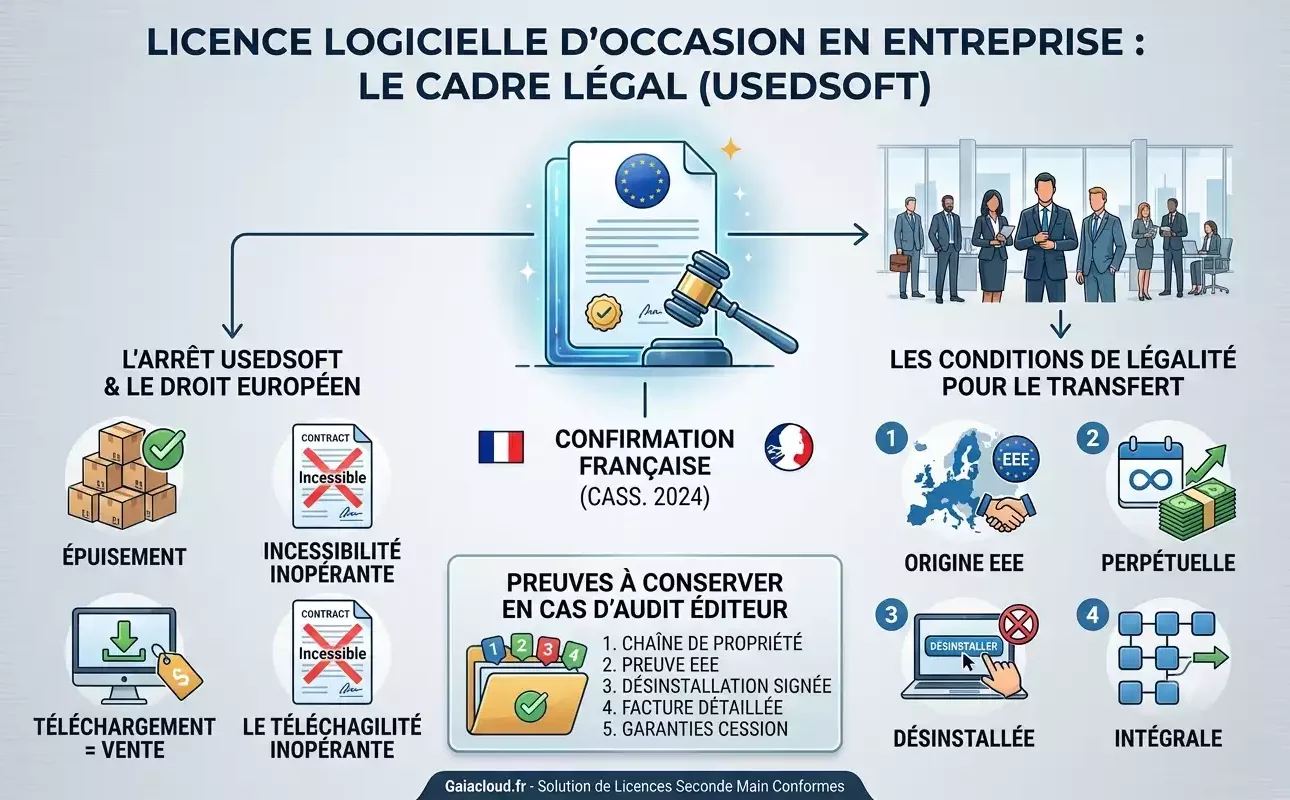 Infographie synthétique sur le cadre juridique de la licence logicielle occasion entreprise légale, détaillant l'arrêt UsedSoft et les preuves pour l'audit éditeur. Image générée par Gemini.