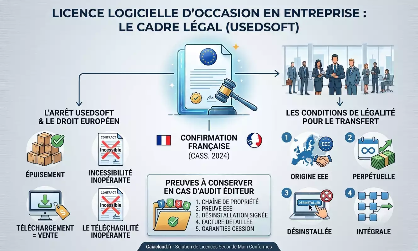 Infographie synthétique sur le cadre juridique de la licence logicielle occasion entreprise légale, détaillant l'arrêt UsedSoft et les preuves pour l'audit éditeur. Image générée par Gemini.