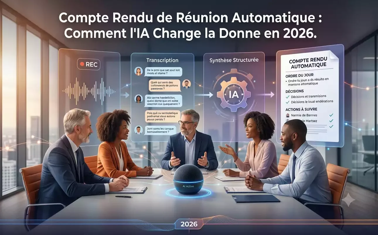 Infographie détaillée sur le fonctionnement d'un service de compte rendu de réunion automatique par IA, générée par Gemini.
