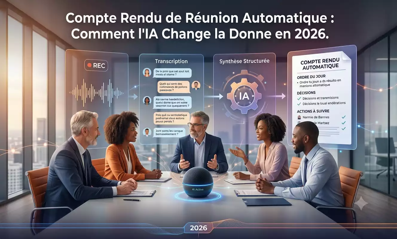 Infographie détaillée sur le fonctionnement d'un service de compte rendu de réunion automatique par IA, générée par Gemini.