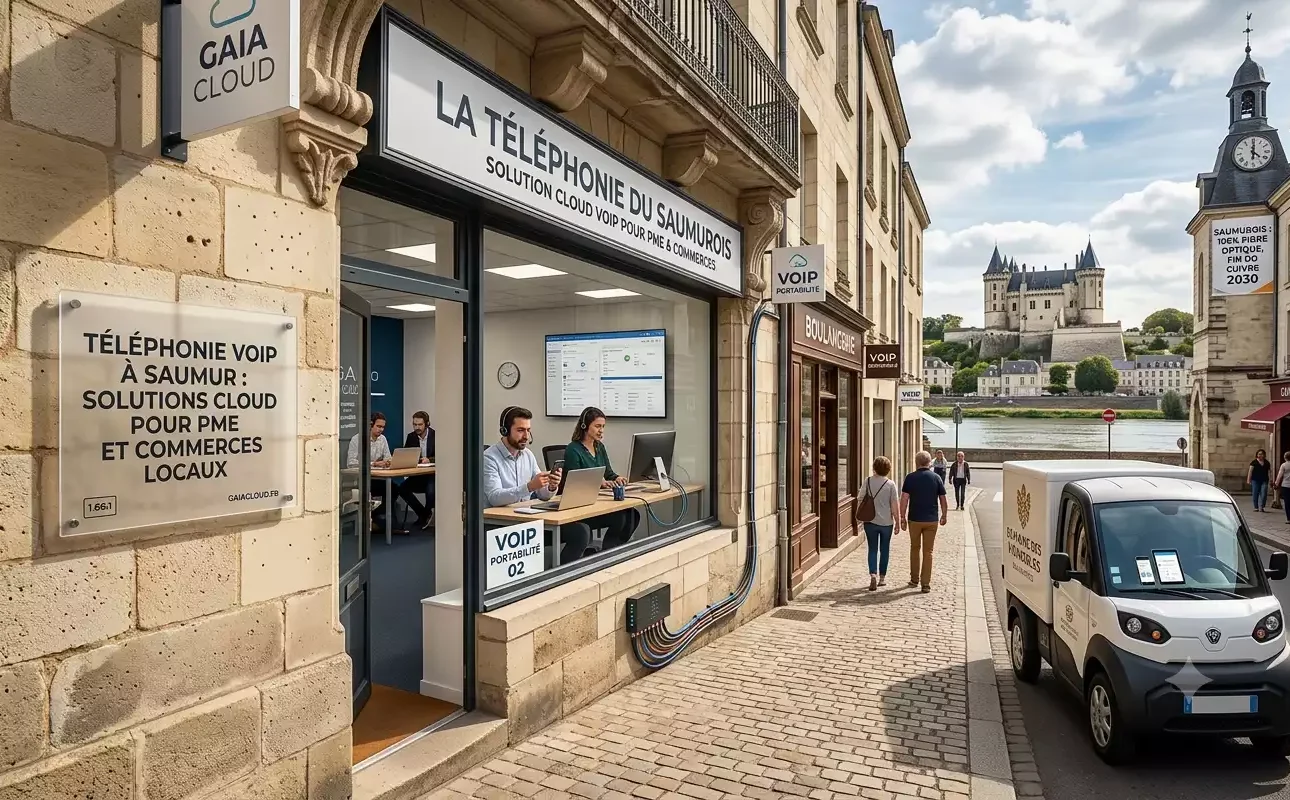 Une image photoréaliste générée par Gemini montre une scène de rue animée à Saumur, en France, avec le château de Saumur en arrière-plan. Au premier plan, on voit une façade de bâtiment historique en pierre abritant une entreprise locale de téléphonie VoIP appelée 'LA TÉLÉPHONIE DU SAUMUROIS'. Des employés utilisent des headsets et des softphones pour passer des appels VoIP depuis des ordinateurs portables et des smartphones, tandis qu'une plaque moderne affiche le titre de l'article sur la téléphonie VoIP pour les PME et les commerces locaux. Des câbles de fibre optique sont visibles le long de la façade du bâtiment, symbolisant la connectivité. Des gens marchent dans la rue pavée et une camionnette de livraison électrique de 'GAIA CLOUD' est garée à proximité. L'image capture la fusion entre l'architecture historique de Saumur et la technologie de pointe de la téléphonie VoIP.