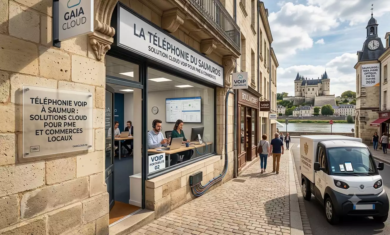 Une image photoréaliste générée par Gemini montre une scène de rue animée à Saumur, en France, avec le château de Saumur en arrière-plan. Au premier plan, on voit une façade de bâtiment historique en pierre abritant une entreprise locale de téléphonie VoIP appelée 'LA TÉLÉPHONIE DU SAUMUROIS'. Des employés utilisent des headsets et des softphones pour passer des appels VoIP depuis des ordinateurs portables et des smartphones, tandis qu'une plaque moderne affiche le titre de l'article sur la téléphonie VoIP pour les PME et les commerces locaux. Des câbles de fibre optique sont visibles le long de la façade du bâtiment, symbolisant la connectivité. Des gens marchent dans la rue pavée et une camionnette de livraison électrique de 'GAIA CLOUD' est garée à proximité. L'image capture la fusion entre l'architecture historique de Saumur et la technologie de pointe de la téléphonie VoIP.