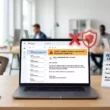 Image générée par Gemini montrant un écran d'ordinateur bloquant un email de phishing dans un bureau, illustrant les solutions de protection boîte mail et anti-phishing en entreprise.