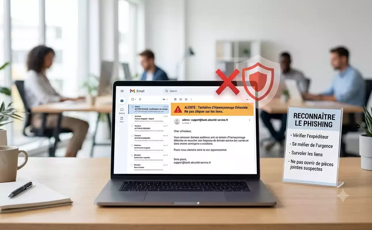 Image générée par Gemini montrant un écran d'ordinateur bloquant un email de phishing dans un bureau, illustrant les solutions de protection boîte mail et anti-phishing en entreprise.