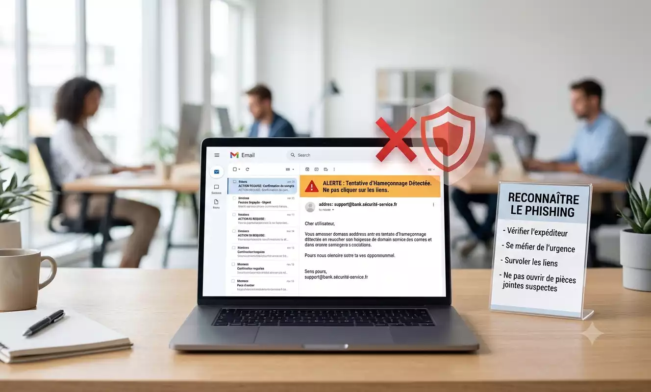 Image générée par Gemini montrant un écran d'ordinateur bloquant un email de phishing dans un bureau, illustrant les solutions de protection boîte mail et anti-phishing en entreprise.