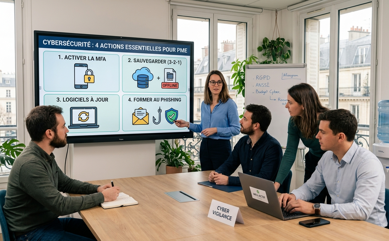 Une équipe de quatre collègues collabore autour d'une grande table de conférence en bois dans un bureau moderne et bien éclairé. Une femme avec des lunettes et une chemise bleue présente un grand écran interactif affichant une infographie intitulée « CYBERSÉCURITÉ : 4 ACTIONS ESSENTIELLES POUR PME ». L'écran est divisé en quatre panneaux distincts avec des icônes et du texte en français : ACTIVER LA MFA (avec une icône de smartphone et de cadenas). SAUVEGARDER (3-2-1) (avec une icône de nuage de données, de disque dur et de copie hors ligne). LOGICIELS À JOUR (avec une icône d'engrenage de mise à jour sur un ordinateur portable). FORMER AU PHISHING (avec une icône d'e-mail, d'hameçon et de bouclier). Deux collègues regardent attentivement l'écran, un homme barbu prenant des notes et une femme penchée vers l'avant. Un quatrième homme consulte son ordinateur portable, sur lequel on peut lire « MFA ACTIF ». L'arrière-plan montre une vue urbaine de Paris, des plantes en pot, un tableau blanc avec des notes et un distributeur d'eau. La mise au point est nette sur l'écran et les participants, avec des couleurs professionnelles. Cette image a été générée par l'intelligence artificielle Gemini de Google.