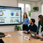 Une équipe de quatre collègues collabore autour d'une grande table de conférence en bois dans un bureau moderne et bien éclairé. Une femme avec des lunettes et une chemise bleue présente un grand écran interactif affichant une infographie intitulée « CYBERSÉCURITÉ : 4 ACTIONS ESSENTIELLES POUR PME ». L'écran est divisé en quatre panneaux distincts avec des icônes et du texte en français : ACTIVER LA MFA (avec une icône de smartphone et de cadenas). SAUVEGARDER (3-2-1) (avec une icône de nuage de données, de disque dur et de copie hors ligne). LOGICIELS À JOUR (avec une icône d'engrenage de mise à jour sur un ordinateur portable). FORMER AU PHISHING (avec une icône d'e-mail, d'hameçon et de bouclier). Deux collègues regardent attentivement l'écran, un homme barbu prenant des notes et une femme penchée vers l'avant. Un quatrième homme consulte son ordinateur portable, sur lequel on peut lire « MFA ACTIF ». L'arrière-plan montre une vue urbaine de Paris, des plantes en pot, un tableau blanc avec des notes et un distributeur d'eau. La mise au point est nette sur l'écran et les participants, avec des couleurs professionnelles. Cette image a été générée par l'intelligence artificielle Gemini de Google.