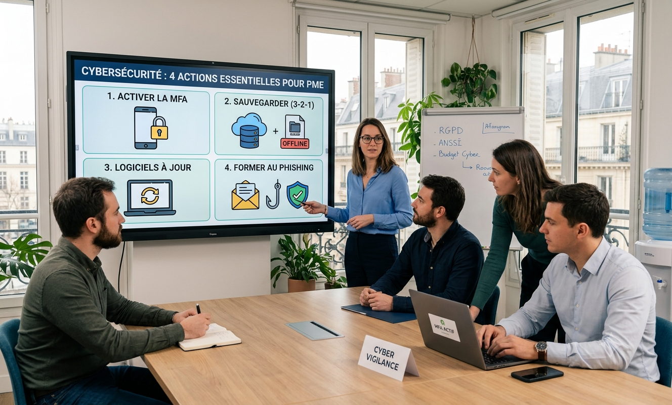Une équipe de quatre collègues collabore autour d'une grande table de conférence en bois dans un bureau moderne et bien éclairé. Une femme avec des lunettes et une chemise bleue présente un grand écran interactif affichant une infographie intitulée « CYBERSÉCURITÉ : 4 ACTIONS ESSENTIELLES POUR PME ». L'écran est divisé en quatre panneaux distincts avec des icônes et du texte en français : ACTIVER LA MFA (avec une icône de smartphone et de cadenas). SAUVEGARDER (3-2-1) (avec une icône de nuage de données, de disque dur et de copie hors ligne). LOGICIELS À JOUR (avec une icône d'engrenage de mise à jour sur un ordinateur portable). FORMER AU PHISHING (avec une icône d'e-mail, d'hameçon et de bouclier). Deux collègues regardent attentivement l'écran, un homme barbu prenant des notes et une femme penchée vers l'avant. Un quatrième homme consulte son ordinateur portable, sur lequel on peut lire « MFA ACTIF ». L'arrière-plan montre une vue urbaine de Paris, des plantes en pot, un tableau blanc avec des notes et un distributeur d'eau. La mise au point est nette sur l'écran et les participants, avec des couleurs professionnelles. Cette image a été générée par l'intelligence artificielle Gemini de Google.