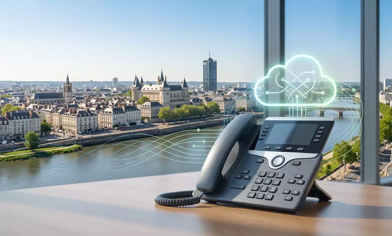 Téléphonie VoIP à Nantes : poste fixe IP professionnel relié au cloud dans un bureau vue sur le château des Ducs de Bretagne — généré par Gemini