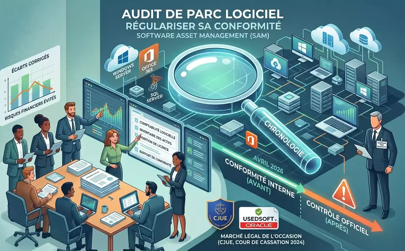 Une infographie SAM générée par Gemini expliquant le processus d'audit parc logiciel pour assurer la conformité microsoft et éviter les risques.