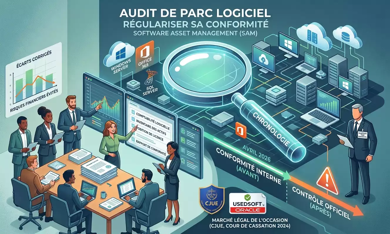 Une infographie SAM générée par Gemini expliquant le processus d'audit parc logiciel pour assurer la conformité microsoft et éviter les risques.