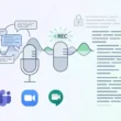 Une illustration simplifiée d'un microphone enregistrant des ondes sonores, avec les logos de Teams, Zoom et Google Meet en bas. Un cadenas ouvert et un document texte stylisé représentent la retranscription sécurisée. Généré par IA.