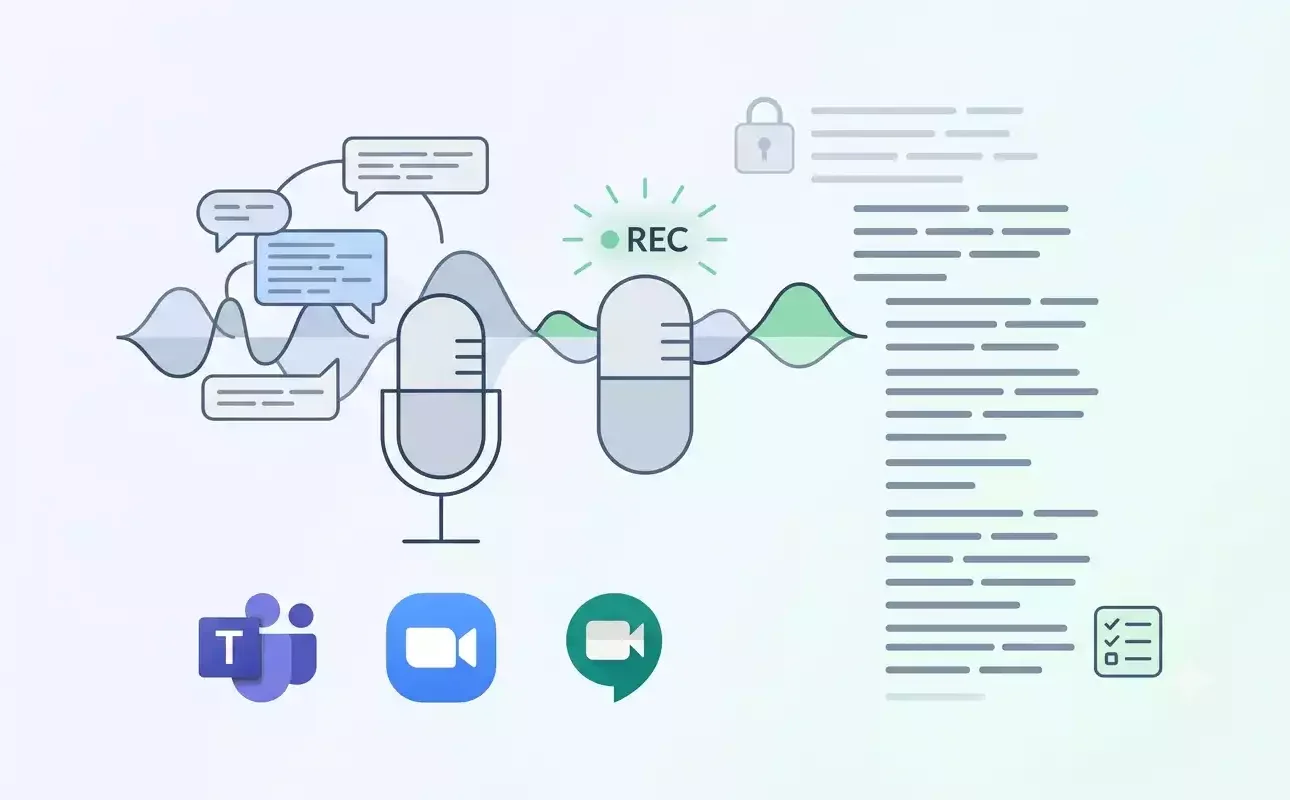 Une illustration simplifiée d'un microphone enregistrant des ondes sonores, avec les logos de Teams, Zoom et Google Meet en bas. Un cadenas ouvert et un document texte stylisé représentent la retranscription sécurisée. Généré par IA.