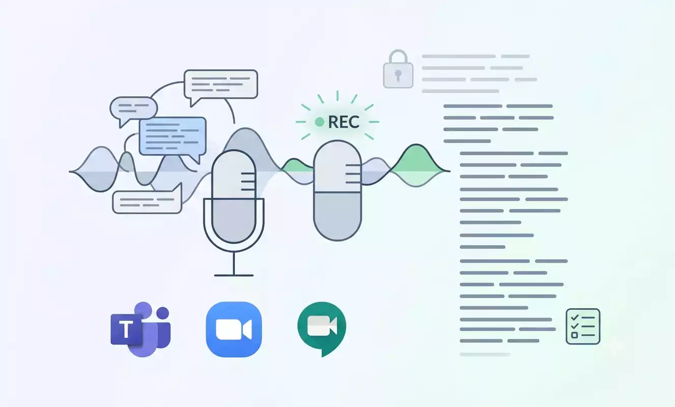 Une illustration simplifiée d'un microphone enregistrant des ondes sonores, avec les logos de Teams, Zoom et Google Meet en bas. Un cadenas ouvert et un document texte stylisé représentent la retranscription sécurisée. Généré par IA.