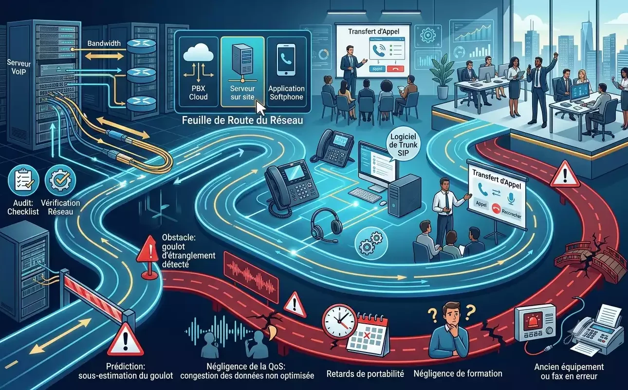 Un diagramme infographique complexe généré par Gemini illustrant le processus de déploiement d'un système de téléphonie sur IP (VoIP) pour une entreprise. Le diagramme montre une feuille de route du réseau avec différentes étapes : l'audit et la vérification du réseau, le calcul de la bande passante, le choix entre des architectures Cloud, sur site ou logicielles, l'installation de téléphones IP et de softphones, et la formation des utilisateurs. Il met également en évidence les risques et obstacles potentiels, tels que les goulots d'étranglement, la mauvaise qualité de service (QoS), les problèmes de portabilité et la formation négligée. Cette image fournit une vue d'ensemble précieuse pour une entreprise qui envisage d'installer une solution de VoIP.