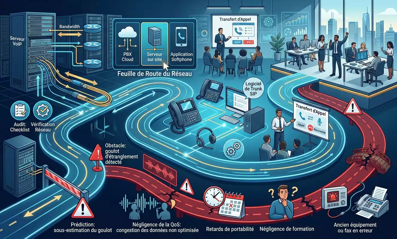 Un diagramme infographique complexe généré par Gemini illustrant le processus de déploiement d'un système de téléphonie sur IP (VoIP) pour une entreprise. Le diagramme montre une feuille de route du réseau avec différentes étapes : l'audit et la vérification du réseau, le calcul de la bande passante, le choix entre des architectures Cloud, sur site ou logicielles, l'installation de téléphones IP et de softphones, et la formation des utilisateurs. Il met également en évidence les risques et obstacles potentiels, tels que les goulots d'étranglement, la mauvaise qualité de service (QoS), les problèmes de portabilité et la formation négligée. Cette image fournit une vue d'ensemble précieuse pour une entreprise qui envisage d'installer une solution de VoIP.