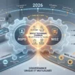 Schéma infographique détaillé illustrant la conformité RGPD entreprise 2026 et NIS2. Il montre les points communs, comme la sécurité technique et la gouvernance mutualisée, ainsi que les différences concernant les objets protégés (personnes vs systèmes) et les autorités de contrôle (CNIL vs ANSSI). Les bénéfices affichés sont le gain de temps et la réduction des risques sans doublons d'efforts. Image générée par Gemini.