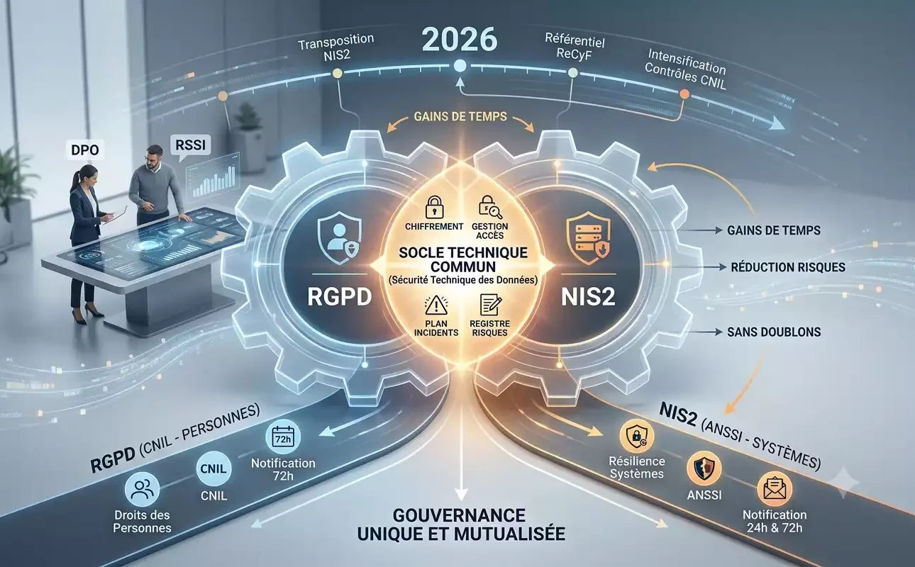 Schéma infographique détaillé illustrant la conformité RGPD entreprise 2026 et NIS2. Il montre les points communs, comme la sécurité technique et la gouvernance mutualisée, ainsi que les différences concernant les objets protégés (personnes vs systèmes) et les autorités de contrôle (CNIL vs ANSSI). Les bénéfices affichés sont le gain de temps et la réduction des risques sans doublons d'efforts. Image générée par Gemini.