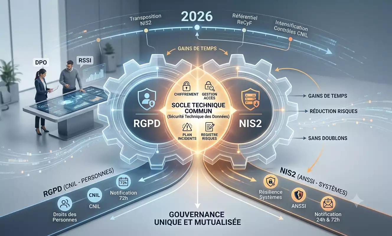Schéma infographique détaillé illustrant la conformité RGPD entreprise 2026 et NIS2. Il montre les points communs, comme la sécurité technique et la gouvernance mutualisée, ainsi que les différences concernant les objets protégés (personnes vs systèmes) et les autorités de contrôle (CNIL vs ANSSI). Les bénéfices affichés sont le gain de temps et la réduction des risques sans doublons d'efforts. Image générée par Gemini.