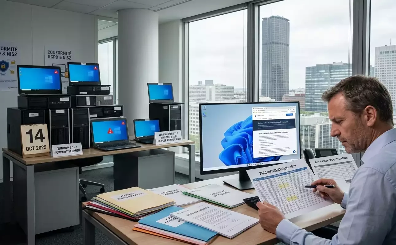 Photo d'un gestionnaire informatique planifiant la fin de Windows 10 entreprise migration. Il analyse un inventaire de parc informatique sur son bureau, avec des anciens PC obsolètes et des panneaux d'avertissement 'SUPPORT TERMINÉ' et la date de 2025 en arrière-plan. Son écran affiche Windows 11. Image générée par Gémini.