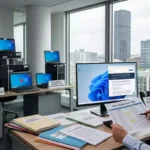 Photo d'un gestionnaire informatique planifiant la fin de Windows 10 entreprise migration. Il analyse un inventaire de parc informatique sur son bureau, avec des anciens PC obsolètes et des panneaux d'avertissement 'SUPPORT TERMINÉ' et la date de 2025 en arrière-plan. Son écran affiche Windows 11. Image générée par Gémini.