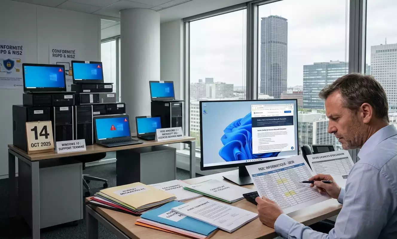 Photo d'un gestionnaire informatique planifiant la fin de Windows 10 entreprise migration. Il analyse un inventaire de parc informatique sur son bureau, avec des anciens PC obsolètes et des panneaux d'avertissement 'SUPPORT TERMINÉ' et la date de 2025 en arrière-plan. Son écran affiche Windows 11. Image générée par Gémini.