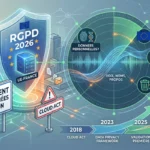 Infographie sur la conformité RGPD de la transcription de réunion par IA en 2026. L'image illustre les enjeux clés : hébergement des données en Europe face au Cloud Act américain, durée de conservation et base légale. Généré par Gemini. Mots-clés : rgpd transcription ia données.
