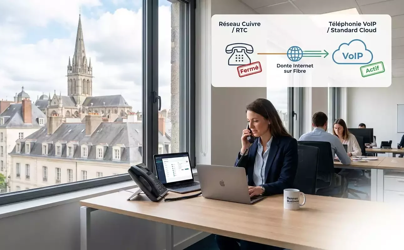 n aperçu d'un bureau moderne à Rennes avec une vue sur la cathédrale, généré par Gemini pour illustrer la transition de la téléphonie cuivre vers la téléphonie VoIP. L'image montre une femme utilisant un ordinateur portable et un téléphone VoIP, avec une infographie expliquant le processus de migration. Le texte alternatif optimisé pour le référencement est : « Transition vers la téléphonie VoIP à Rennes : une solution de Gaia Cloud pour les entreprises bretonnes. »