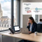 n aperçu d'un bureau moderne à Rennes avec une vue sur la cathédrale, généré par Gemini pour illustrer la transition de la téléphonie cuivre vers la téléphonie VoIP. L'image montre une femme utilisant un ordinateur portable et un téléphone VoIP, avec une infographie expliquant le processus de migration. Le texte alternatif optimisé pour le référencement est : « Transition vers la téléphonie VoIP à Rennes : une solution de Gaia Cloud pour les entreprises bretonnes. »