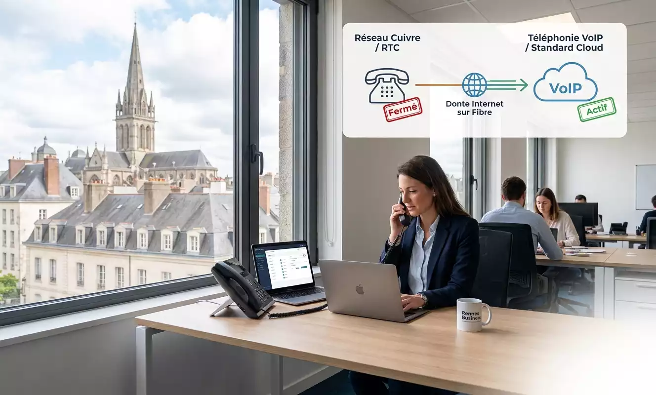 n aperçu d'un bureau moderne à Rennes avec une vue sur la cathédrale, généré par Gemini pour illustrer la transition de la téléphonie cuivre vers la téléphonie VoIP. L'image montre une femme utilisant un ordinateur portable et un téléphone VoIP, avec une infographie expliquant le processus de migration. Le texte alternatif optimisé pour le référencement est : « Transition vers la téléphonie VoIP à Rennes : une solution de Gaia Cloud pour les entreprises bretonnes. »
