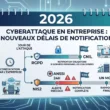 Infographie représentant une chronologie 2026 pour savoir, face à une cyberattaque entreprise, que faire : notification CNIL sous 72h (RGPD) et alerte ANSSI sous 24h suivie d'un rapport sous 72h et 1 mois (NIS2).