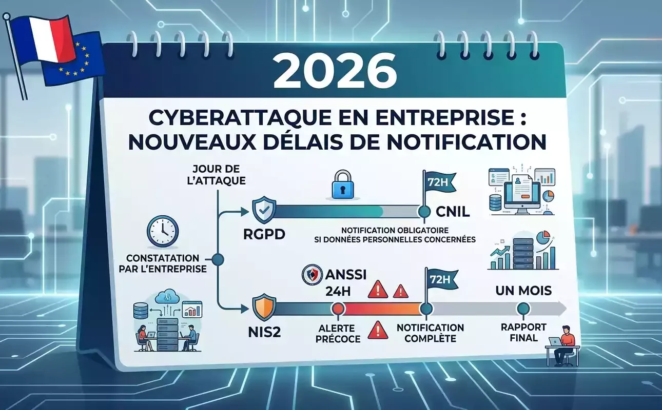 Infographie représentant une chronologie 2026 pour savoir, face à une cyberattaque entreprise, que faire : notification CNIL sous 72h (RGPD) et alerte ANSSI sous 24h suivie d'un rapport sous 72h et 1 mois (NIS2).