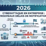 Infographie représentant une chronologie 2026 pour savoir, face à une cyberattaque entreprise, que faire : notification CNIL sous 72h (RGPD) et alerte ANSSI sous 24h suivie d'un rapport sous 72h et 1 mois (NIS2).