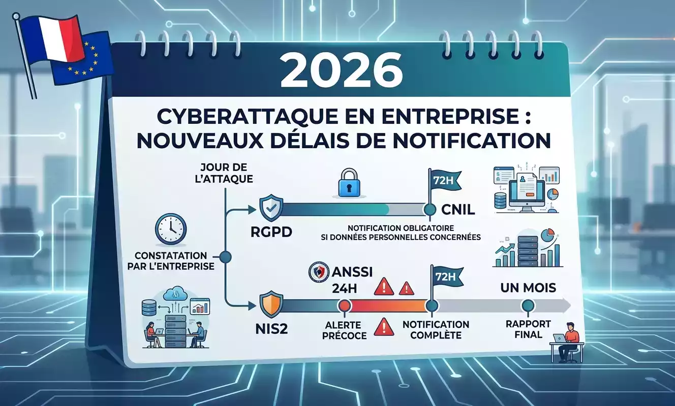 Infographie représentant une chronologie 2026 pour savoir, face à une cyberattaque entreprise, que faire : notification CNIL sous 72h (RGPD) et alerte ANSSI sous 24h suivie d'un rapport sous 72h et 1 mois (NIS2).
