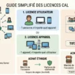 Un guide simplifié généré par IA détaillant les licences CAL Windows Server et leur prix. Le diagramme explique les types de licences : 1. Licence utilisateur (1 personne, n'importe quel appareil), 2. Licence appareil (1 appareil, n'importe quel utilisateur). Il propose un exemple de calcul (15 utilisateurs + 5 appareils = 20 CAL) et une section sur l'achat éthique de licences d'occasion avec vigilance de conformité.