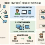 Un guide simplifié généré par IA détaillant les licences CAL Windows Server et leur prix. Le diagramme explique les types de licences : 1. Licence utilisateur (1 personne, n'importe quel appareil), 2. Licence appareil (1 appareil, n'importe quel utilisateur). Il propose un exemple de calcul (15 utilisateurs + 5 appareils = 20 CAL) et une section sur l'achat éthique de licences d'occasion avec vigilance de conformité.