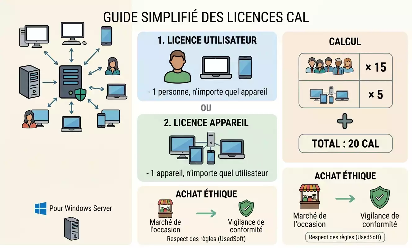 Un guide simplifié généré par IA détaillant les licences CAL Windows Server et leur prix. Le diagramme explique les types de licences : 1. Licence utilisateur (1 personne, n'importe quel appareil), 2. Licence appareil (1 appareil, n'importe quel utilisateur). Il propose un exemple de calcul (15 utilisateurs + 5 appareils = 20 CAL) et une section sur l'achat éthique de licences d'occasion avec vigilance de conformité.