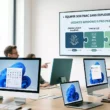 Illustration d'un parc informatique d'entreprise sous Windows 11 Pro avec un écran de présentation expliquant l'optimisation des coûts de licence (généré par Gemini)