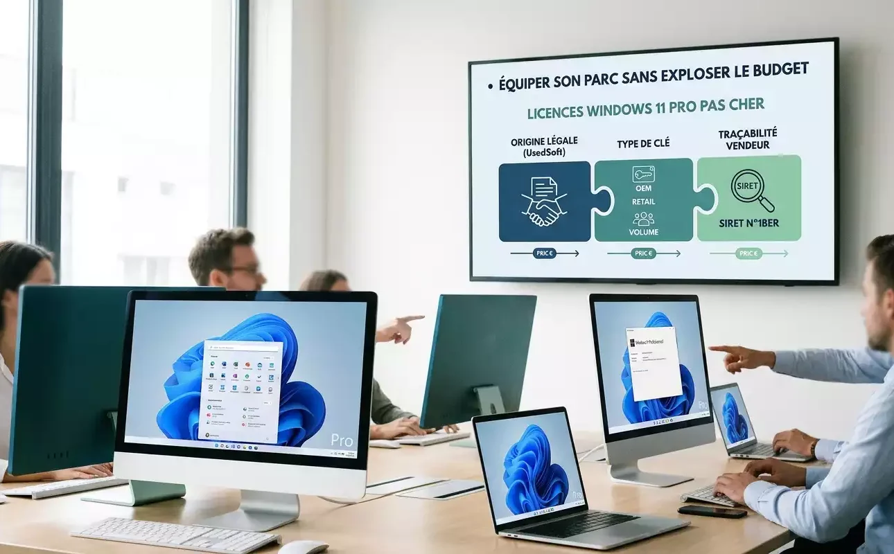 Illustration d'un parc informatique d'entreprise sous Windows 11 Pro avec un écran de présentation expliquant l'optimisation des coûts de licence (généré par Gemini)