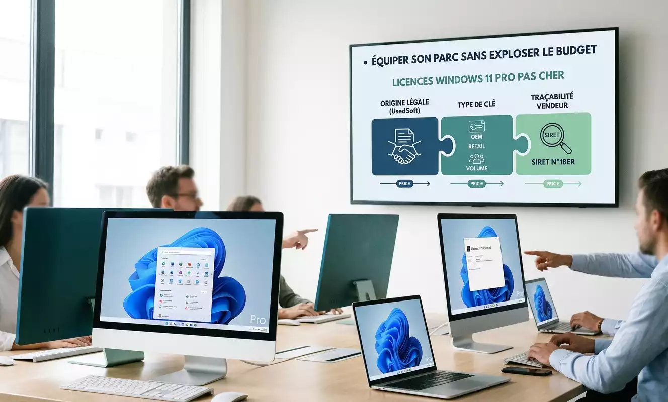 Illustration d'un parc informatique d'entreprise sous Windows 11 Pro avec un écran de présentation expliquant l'optimisation des coûts de licence (généré par Gemini)