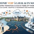 Illustration vectorielle sur la téléphonie VoIP et la fibre optique à Laval et en Mayenne, montrant la fin du cuivre et la transition vers le cloud pour les entreprises (généré par Gemini).