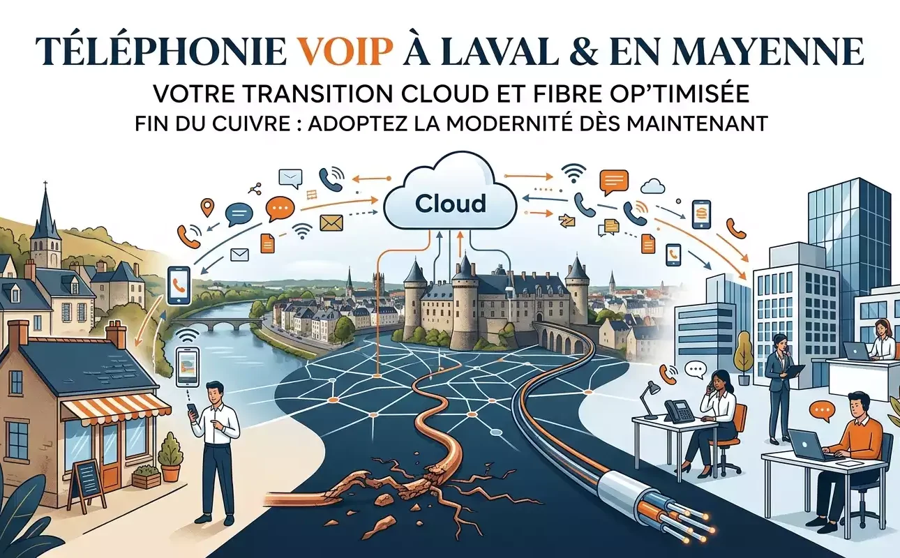 Illustration vectorielle sur la téléphonie VoIP et la fibre optique à Laval et en Mayenne, montrant la fin du cuivre et la transition vers le cloud pour les entreprises (généré par Gemini).