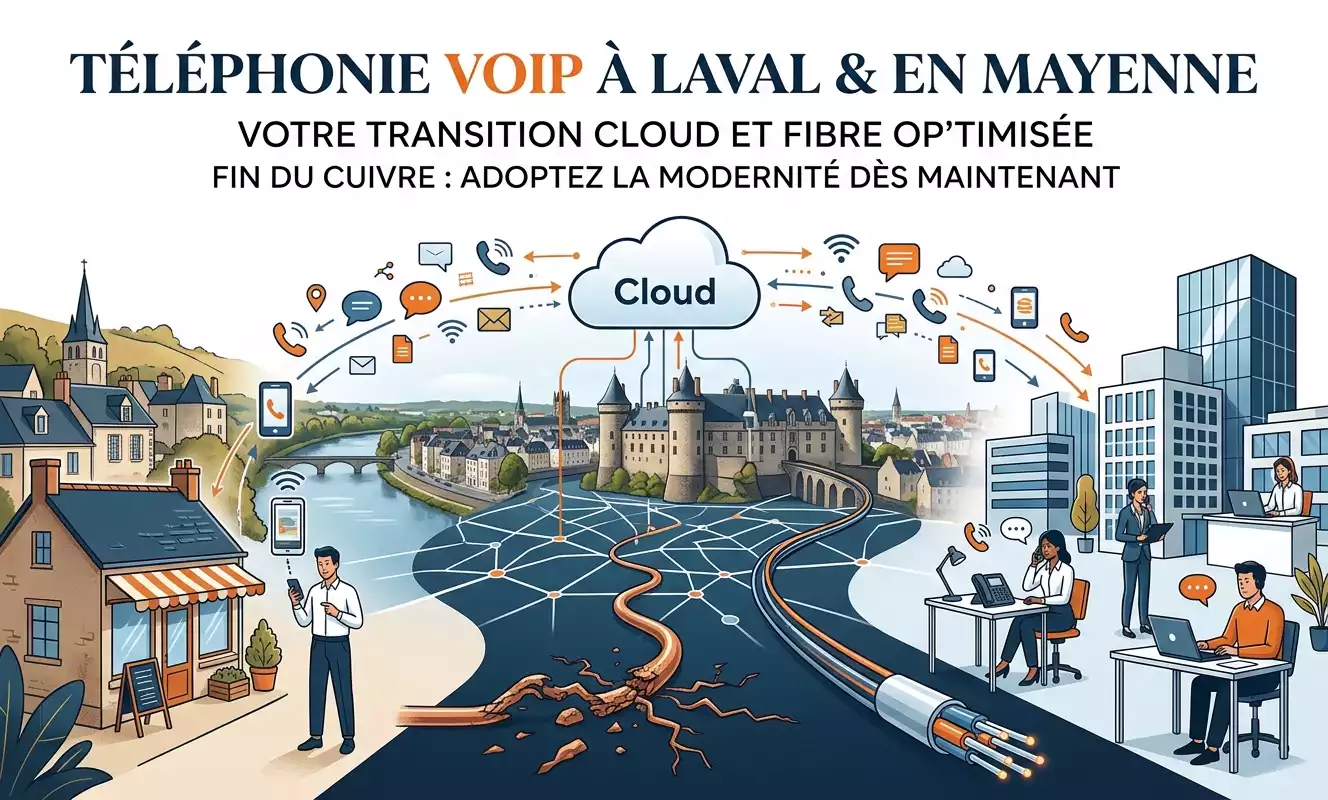 Illustration vectorielle sur la téléphonie VoIP et la fibre optique à Laval et en Mayenne, montrant la fin du cuivre et la transition vers le cloud pour les entreprises (généré par Gemini).