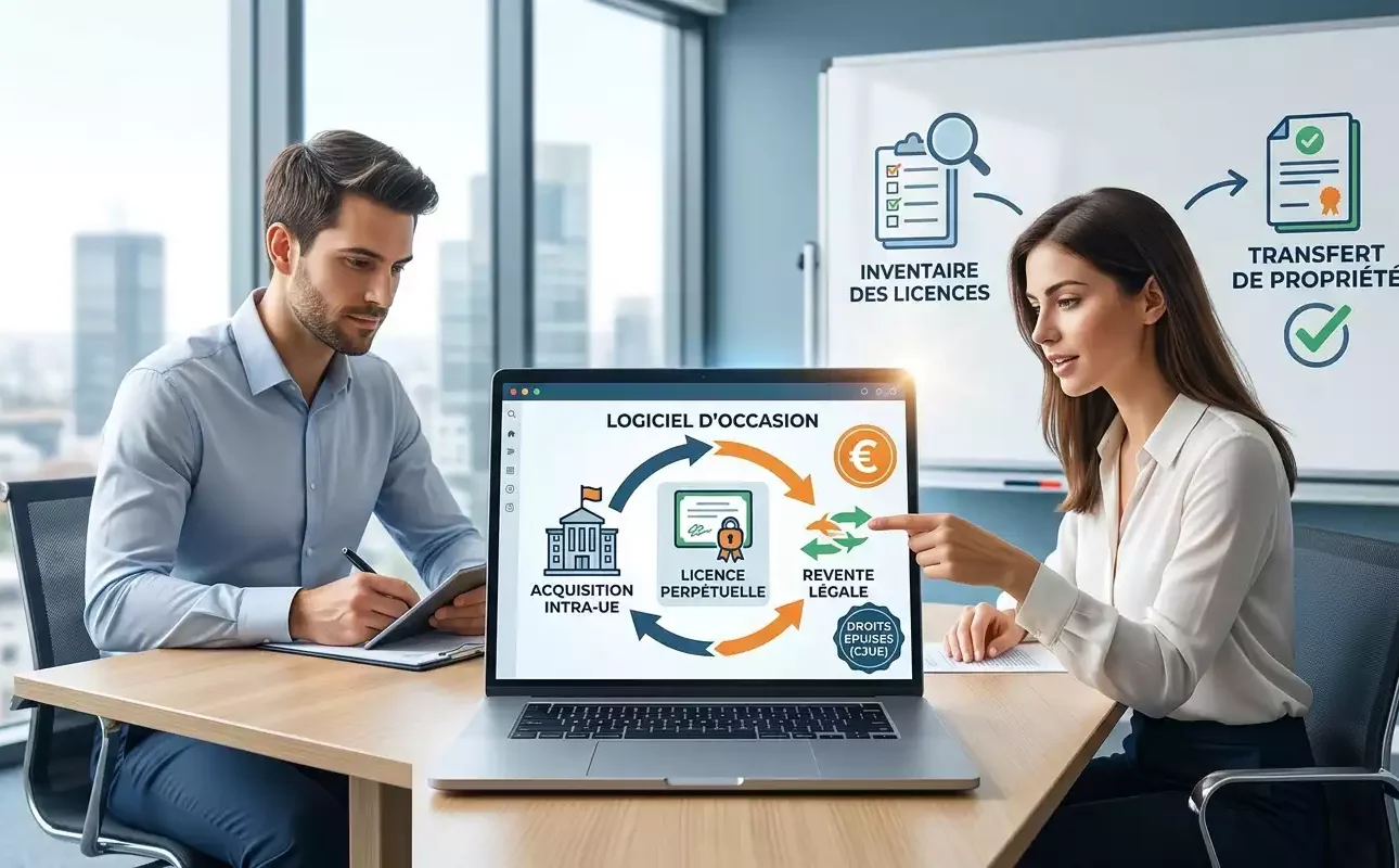 Illustration sur la revente de licences logicielles d'occasion en entreprise (généré par IA)