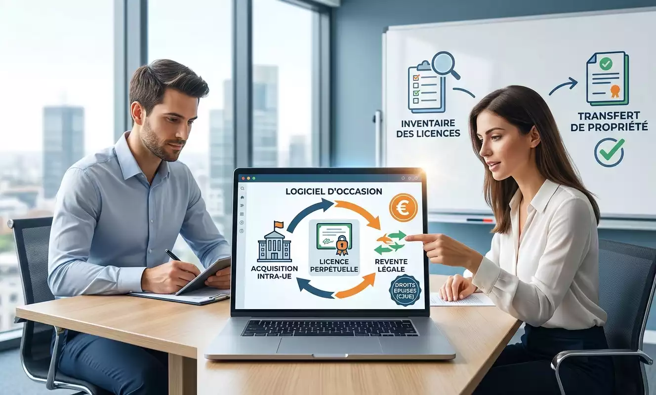 Illustration sur la revente de licences logicielles d'occasion en entreprise (généré par IA)